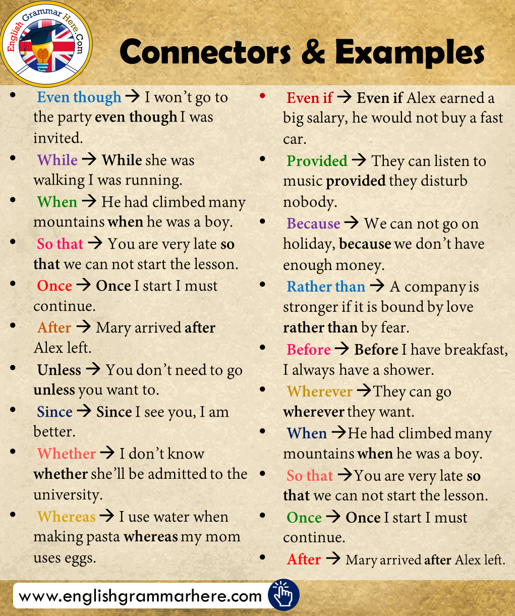 English Connectors / Conjunctions List and Example Sentences