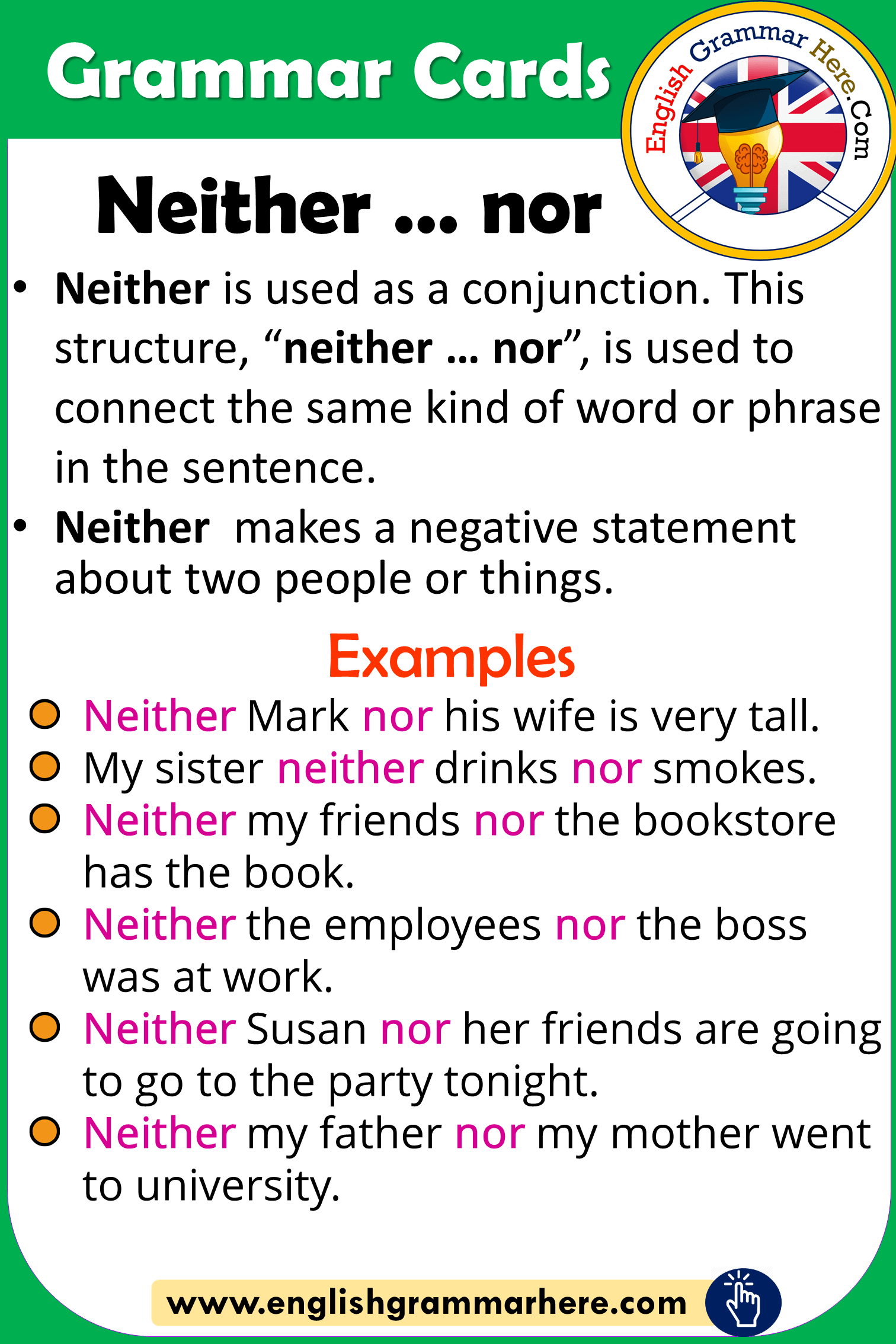 Grammar Cards – Using Neither … nor in English