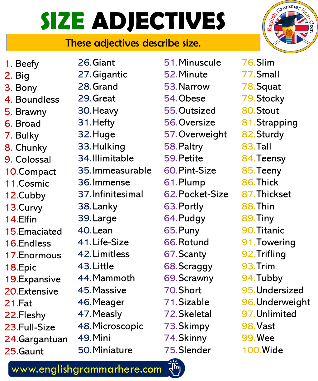 English Adjectives List, Size Adjectives List in English