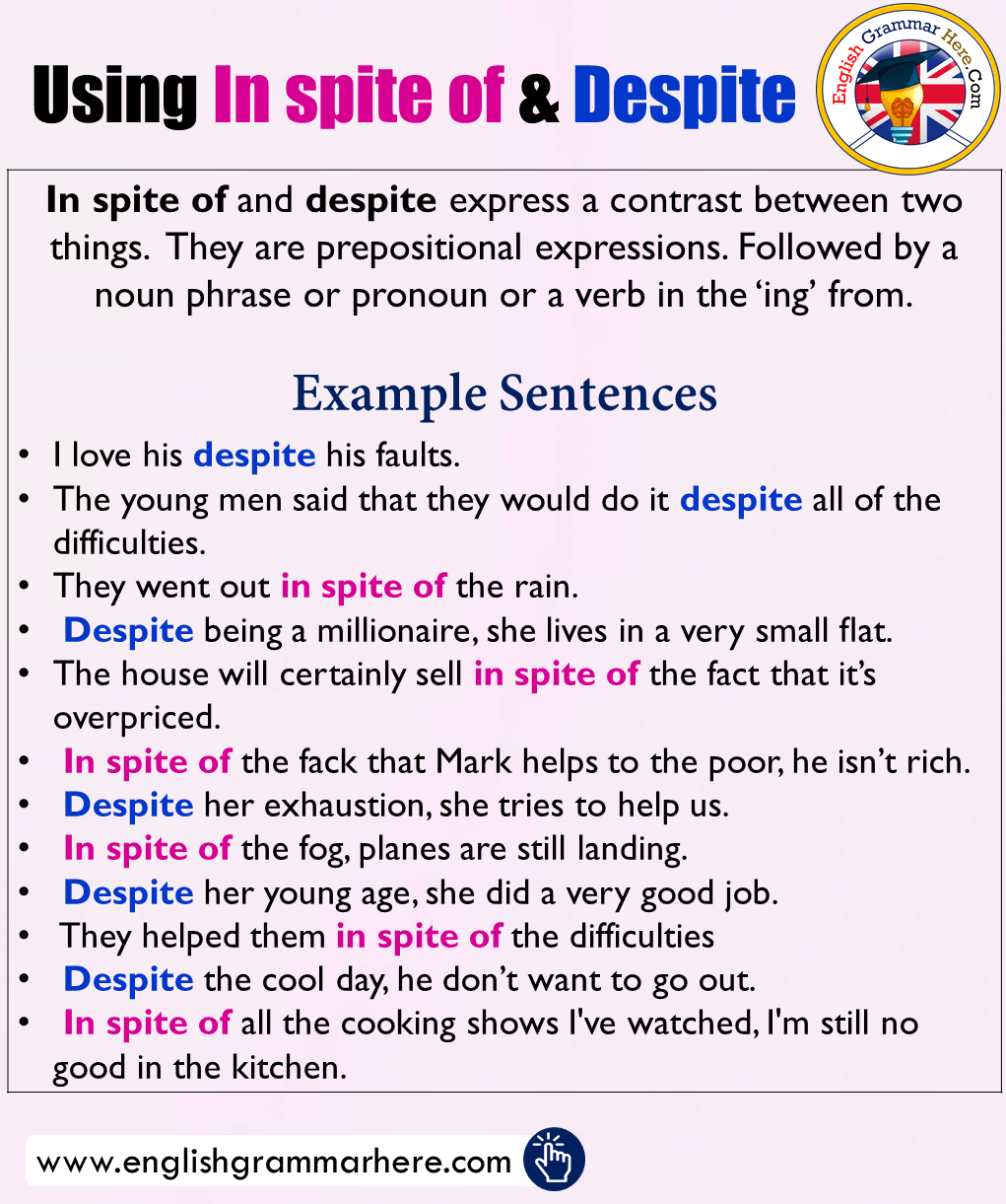 Using In spite of and Despite, Example Sentences