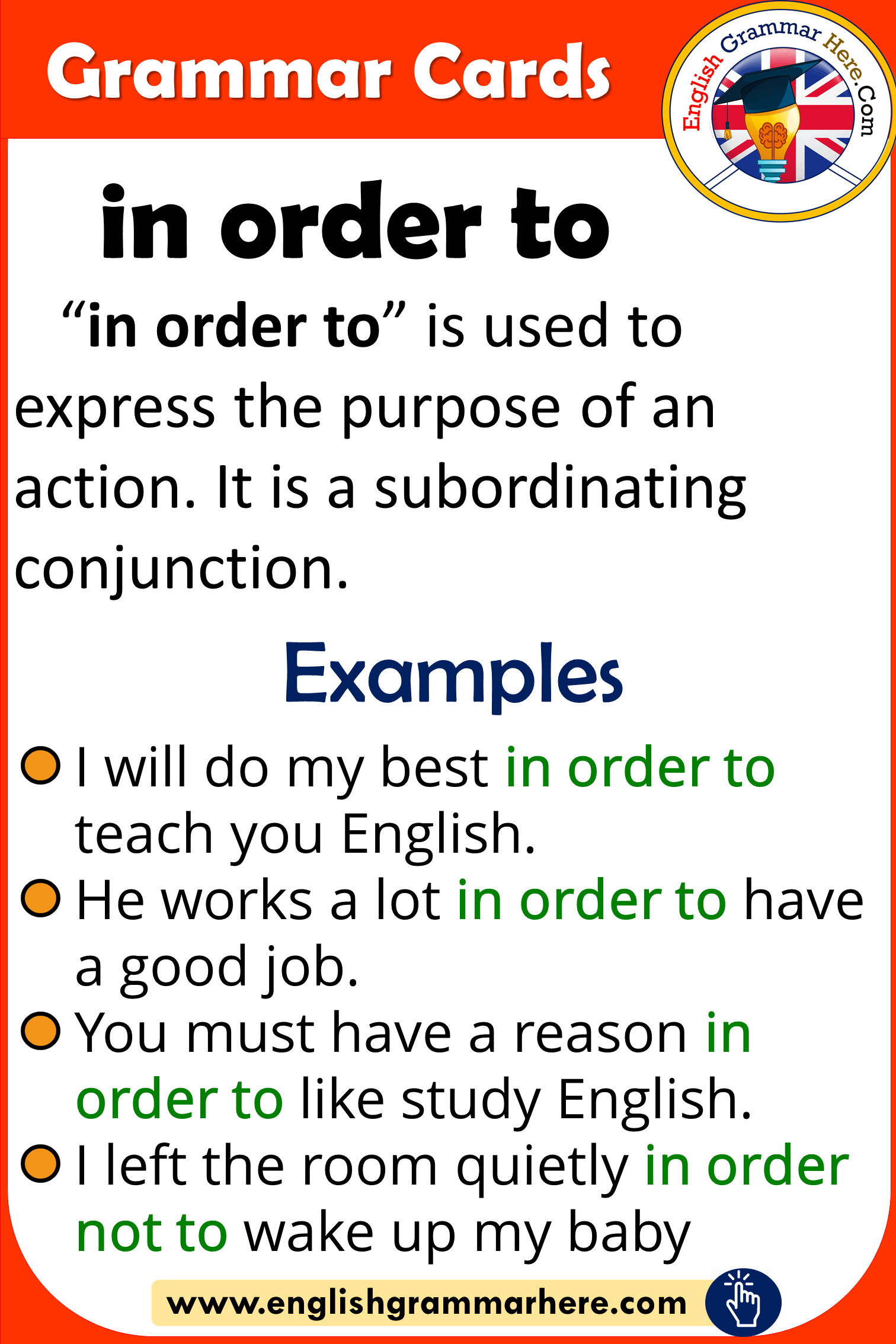 Grammar Cards – Using In Order To in English