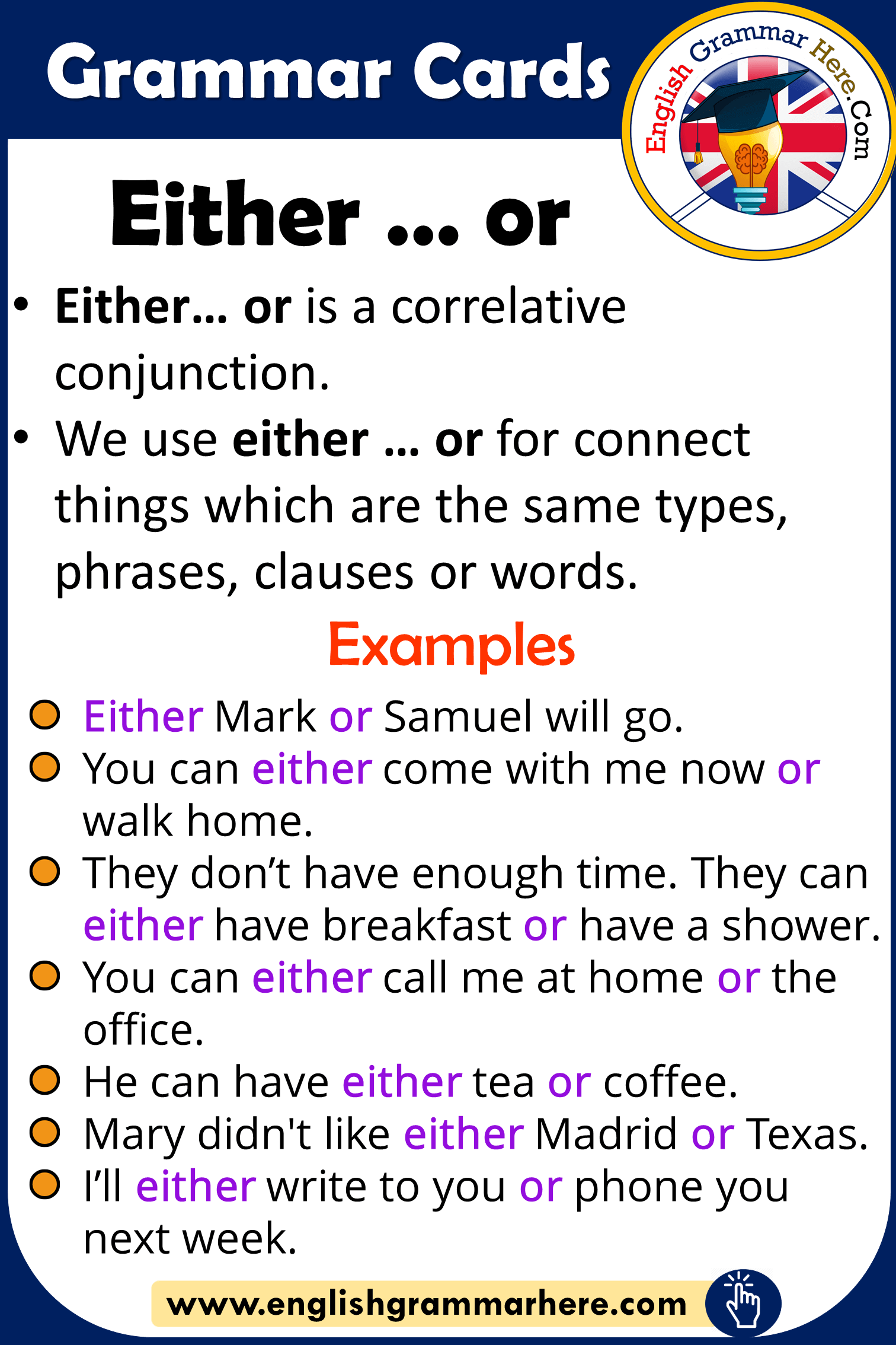 Grammar Cards Using Either Or In English English Grammar Here 