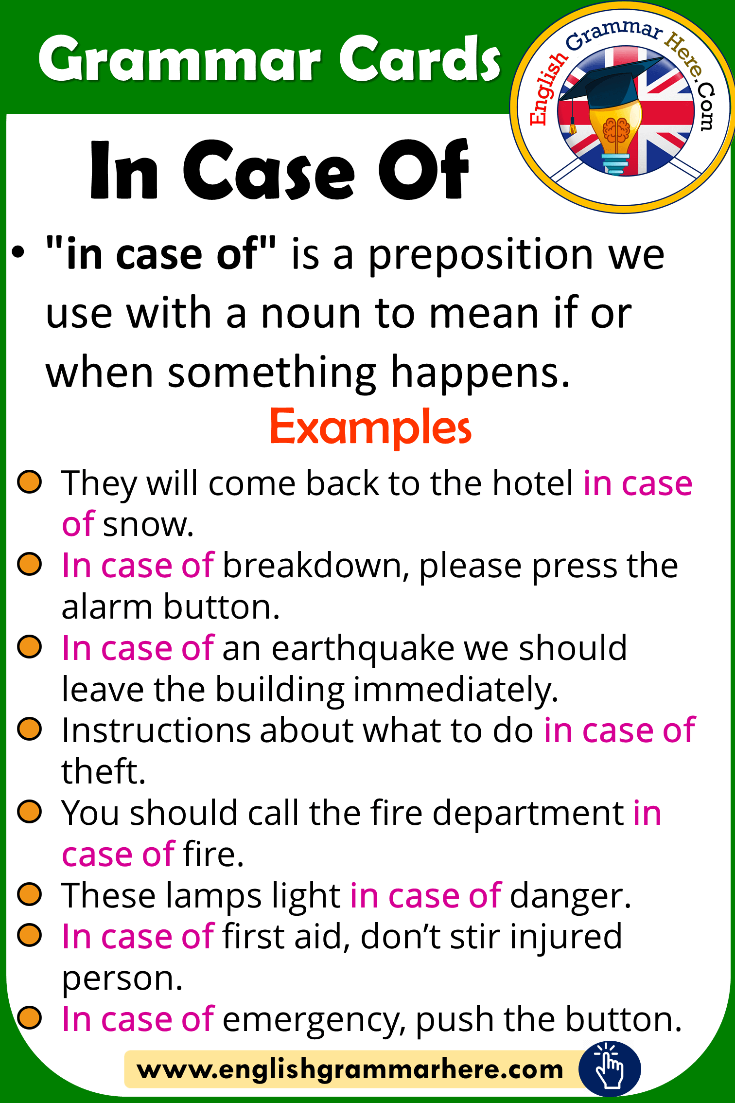 English Using In Case Of and Example Sentences