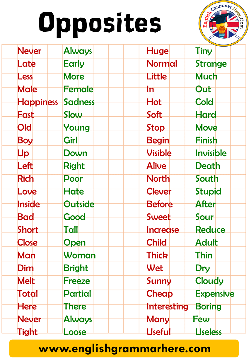Basic Opposites Words List in English