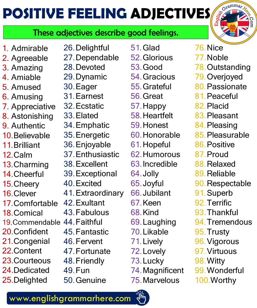 These adjectives describe good feelings. Positive Feeling Adjectives List in English;