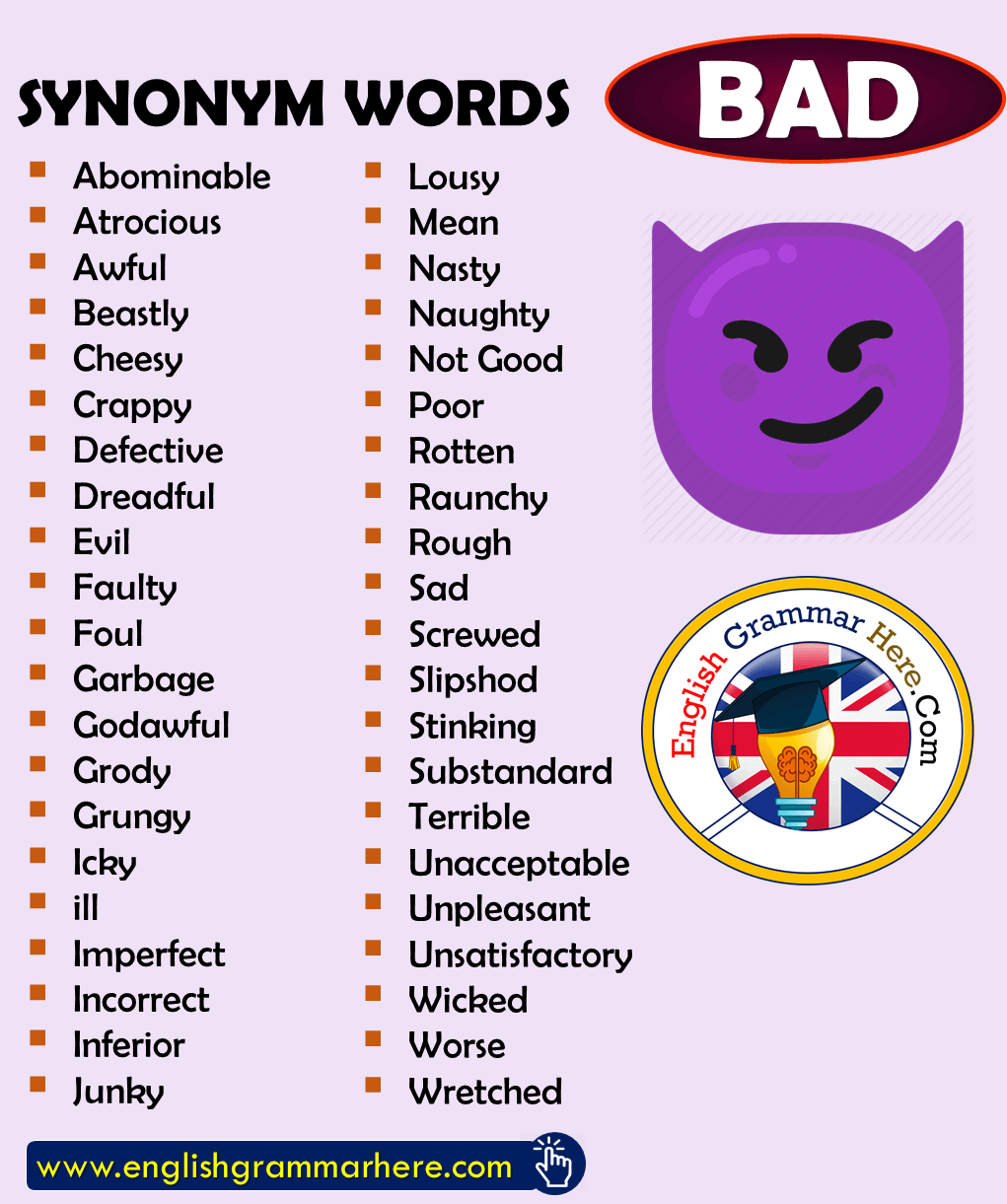 Synonym Words BAD, English Vocabulary List