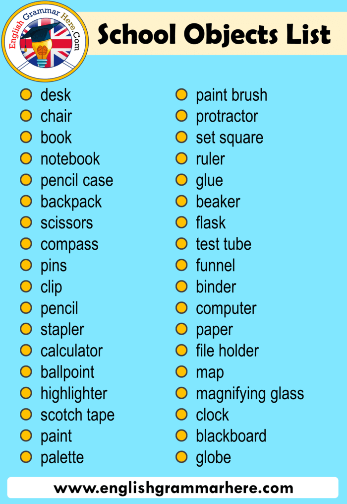School Objects Names, Classroom Objects Names