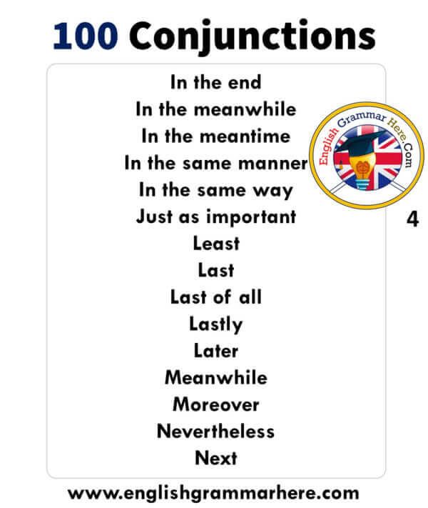 English detailed Conjunctions list, example sentences and meanings. 100 Conjunctions List in English;