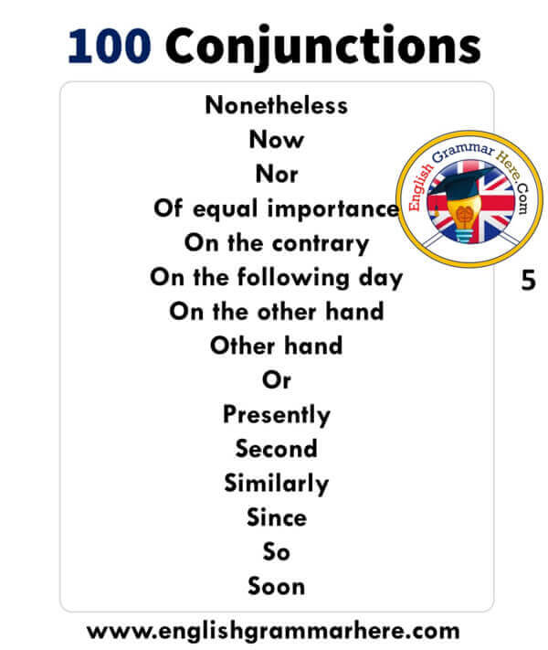 English detailed Conjunctions list, example sentences and meanings. 100 Conjunctions List in English;