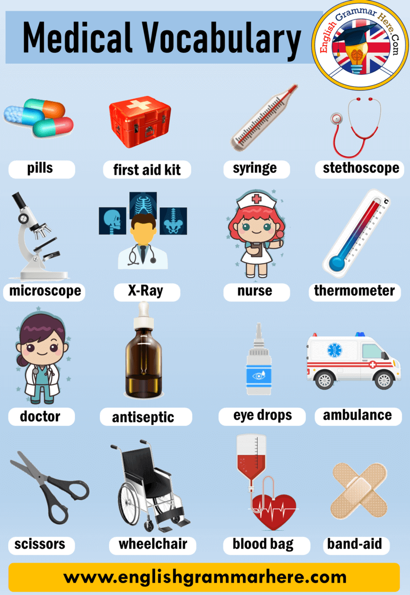 English Medical, Health Vocabulary List, Definition and Example Sentences;
