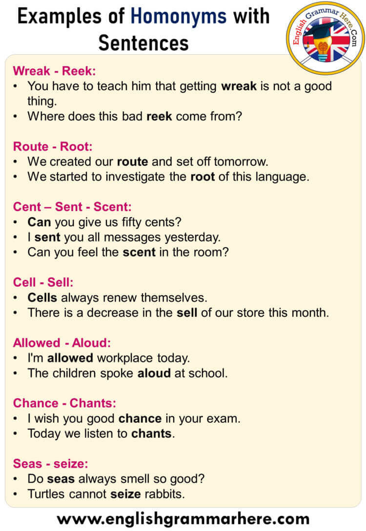 English Example Sentences, 100 Examples of Homonyms with Sentences