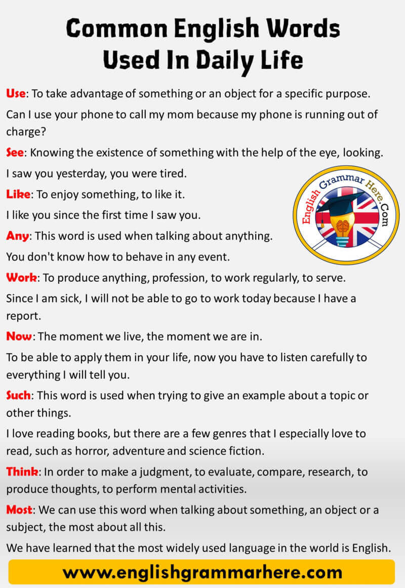 English Words List, Common English Words Used In Daily Life, Definitons and Example Sentences