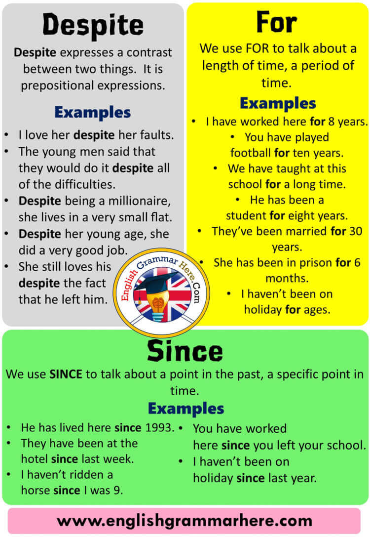 English Using Despite, For and Since