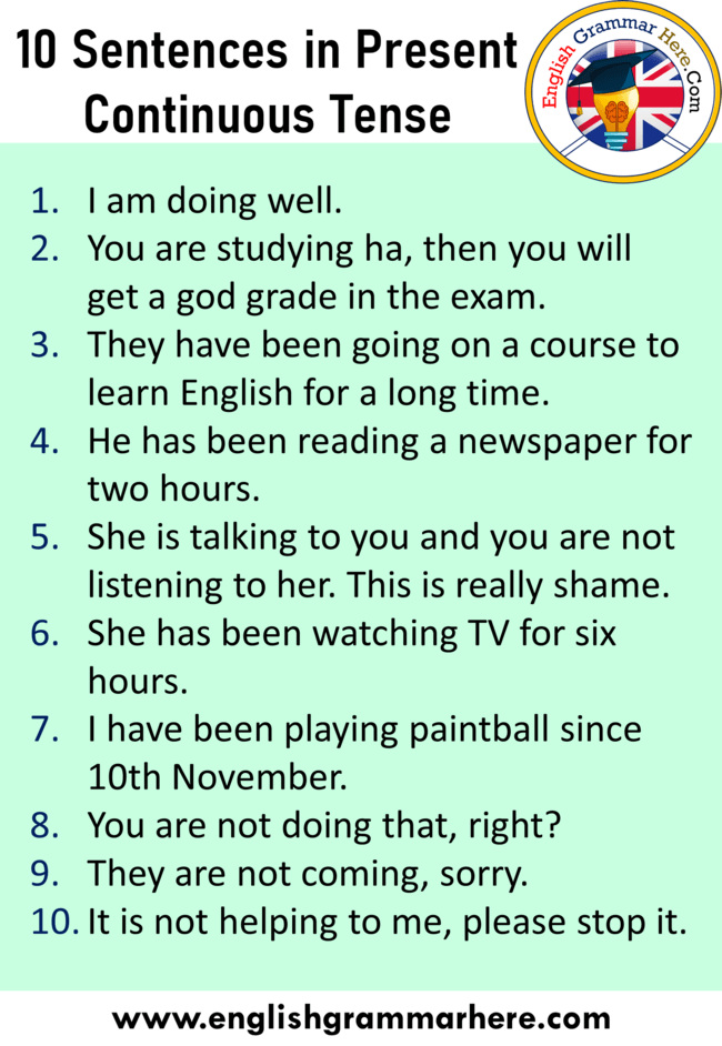 10 Sentences in Present Continuous Tense in English