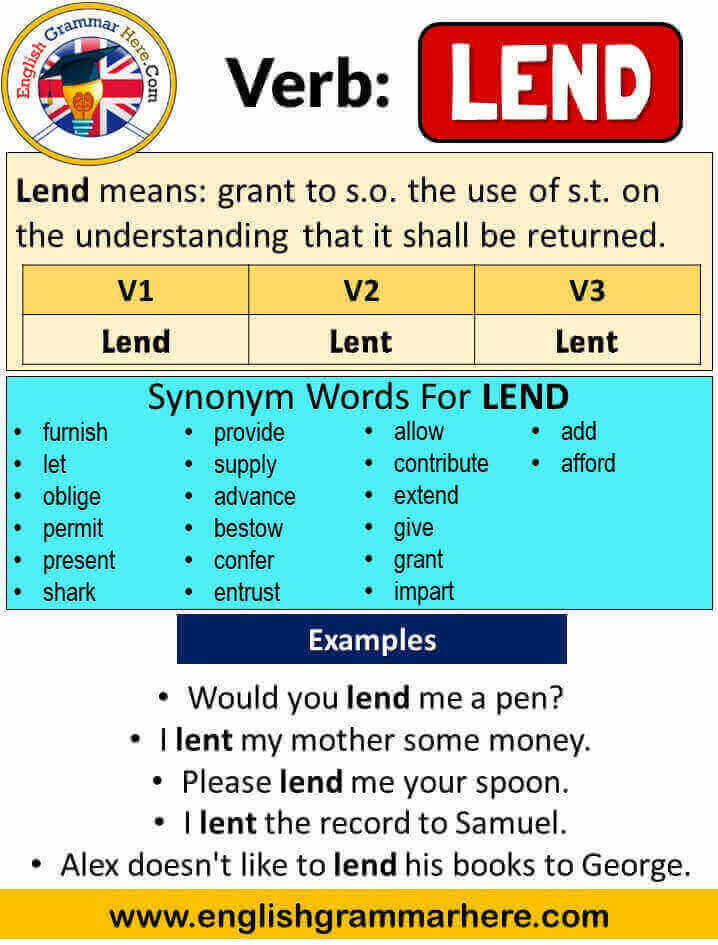 Lend Past Simple, Simple Past Tense of Lend Past Participle, V1 V2 V3 Form Of Lend