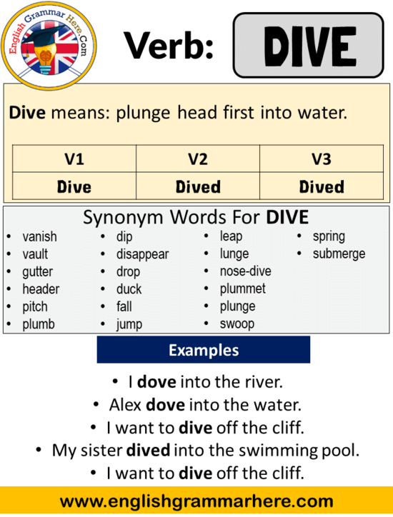 Dive Past Simple, Simple Past Tense of Dive Past Participle, V1 V2 V3 Form Of Dive