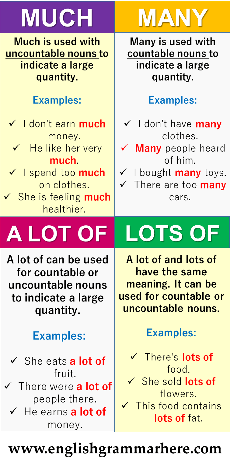 English Grammar Using Much, Many, A lot of, Lots of and Example Sentences
