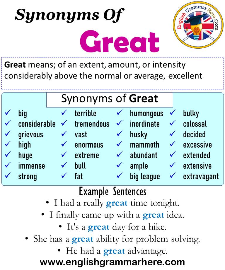 28 Synonyms Of Great, Great Synonyms Words List, Meaning and Example Sentences