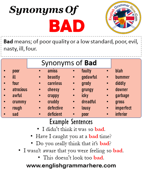 Synonyms Of Bad Bad Synonyms Words List Meaning And Example Sentences English Grammar Here Now you have a long list of slang words that you can familiarise yourself with, and try to remember! bad bad synonyms words list meaning