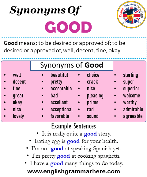 Synonyms Of Good, 28 Good Synonyms Words List, Meaning and Example Sentences