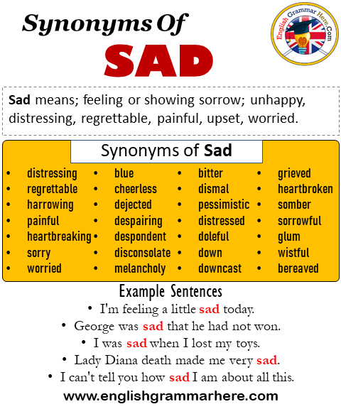 Synonyms Of Sad, 28 Sad Synonyms Words List, Meaning and Example ...