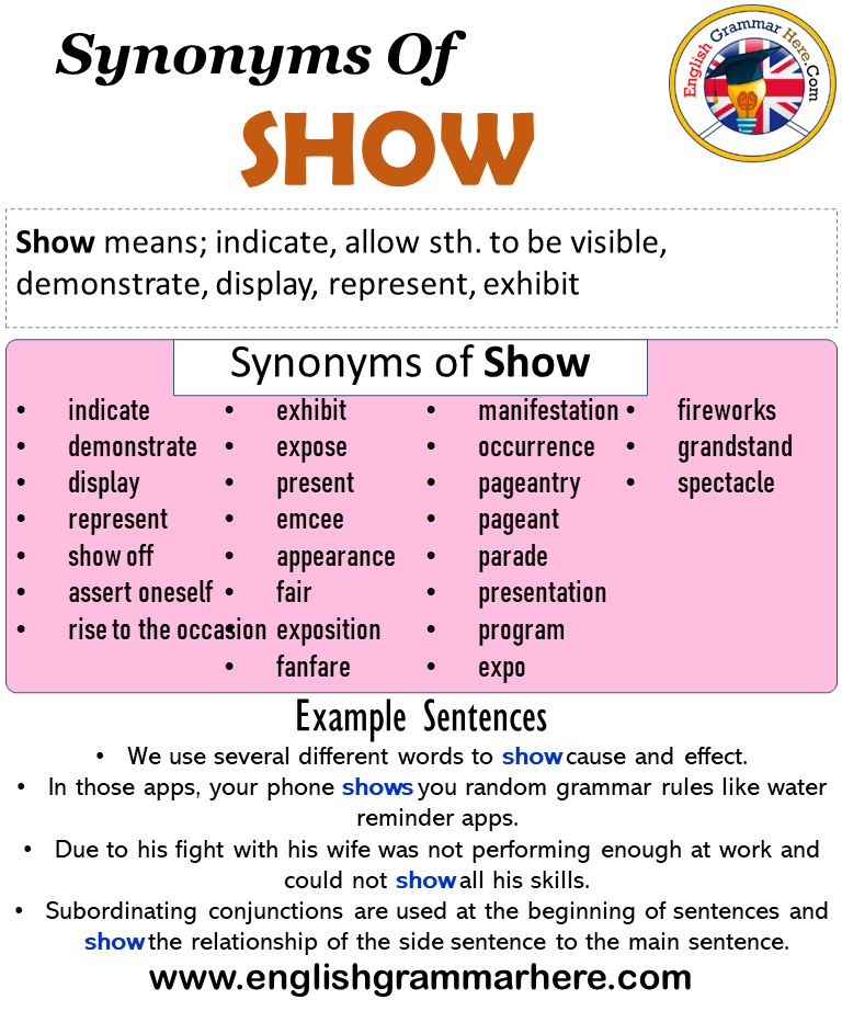 Synonyms Of Show, Show Synonyms Words List, Meaning and Example Sentences