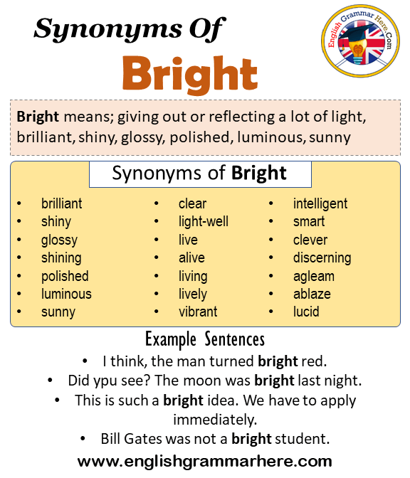 Synonyms Of Bright, Bright Synonyms Words Meaning and Example Sentences - English Grammar Here