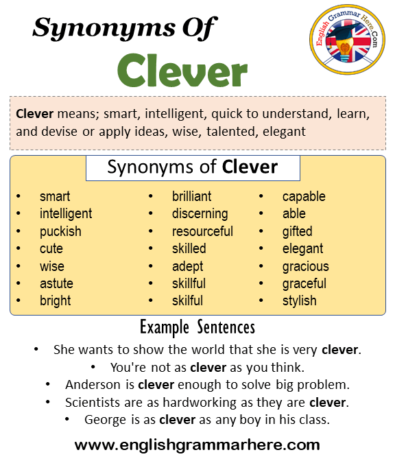 Synonyms Of Clever, Clever Synonyms Words List, Meaning and Example  Sentences - English Grammar Here