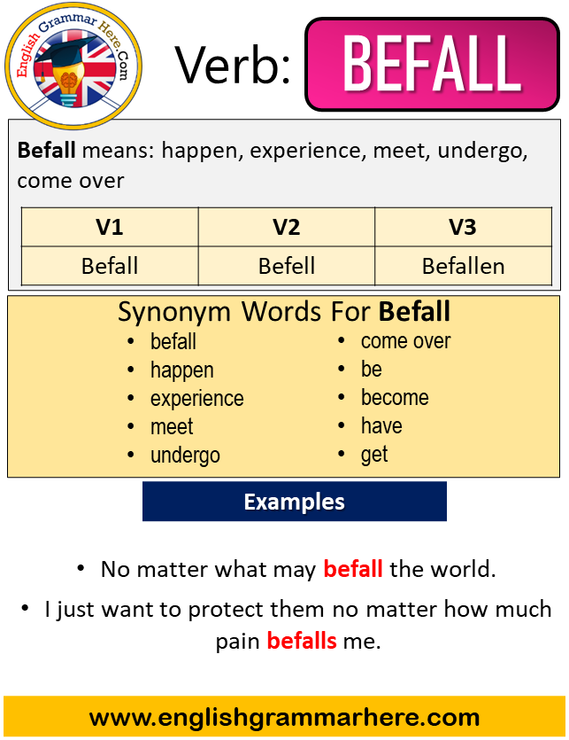 Befall Past Simple in English, Simple Past Tense of Befall, Past Participle, V1 V2 V3 Form Of Befall