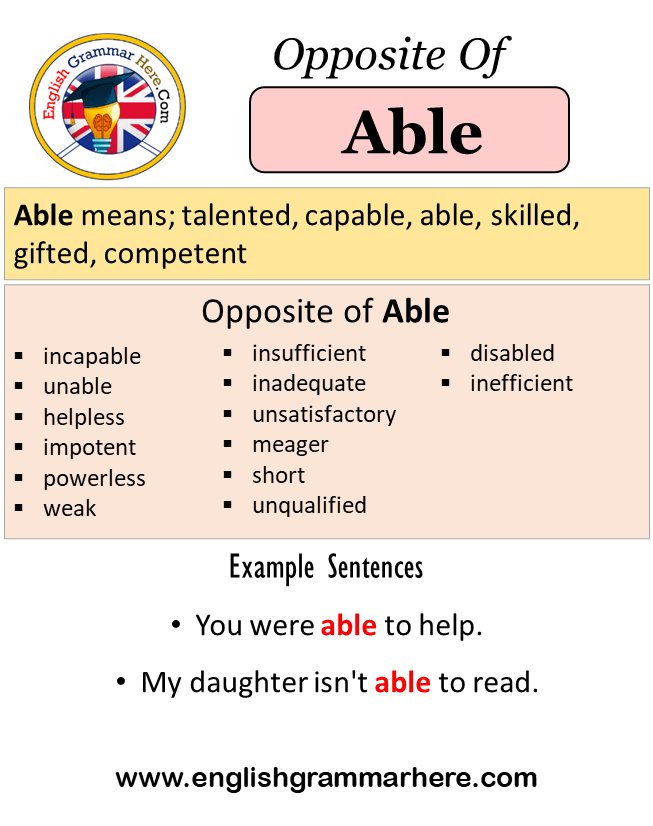 Opposite Of Able, Antonyms of Able, Meaning and Example Sentences