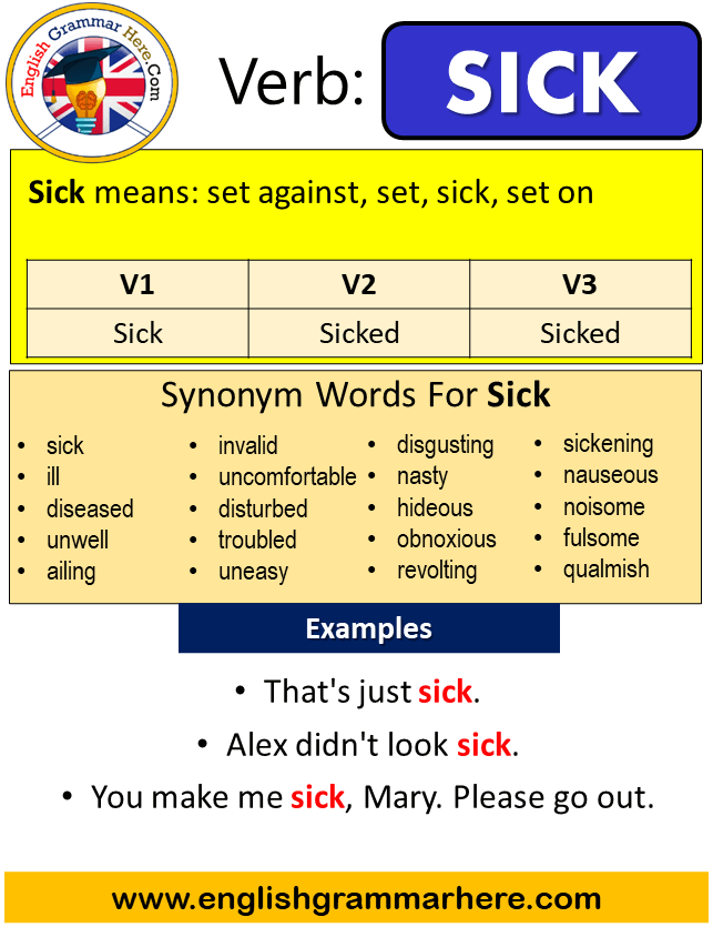 Sick Past Simple in English, Simple Past Tense of Sick, Past Participle, V1 V2 V3 Form Of Sick