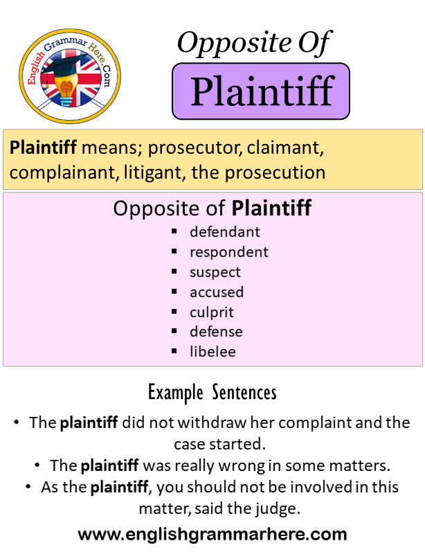 Opposite Of Plaintiff, Antonyms of Plaintiff, Meaning and Example Sentences