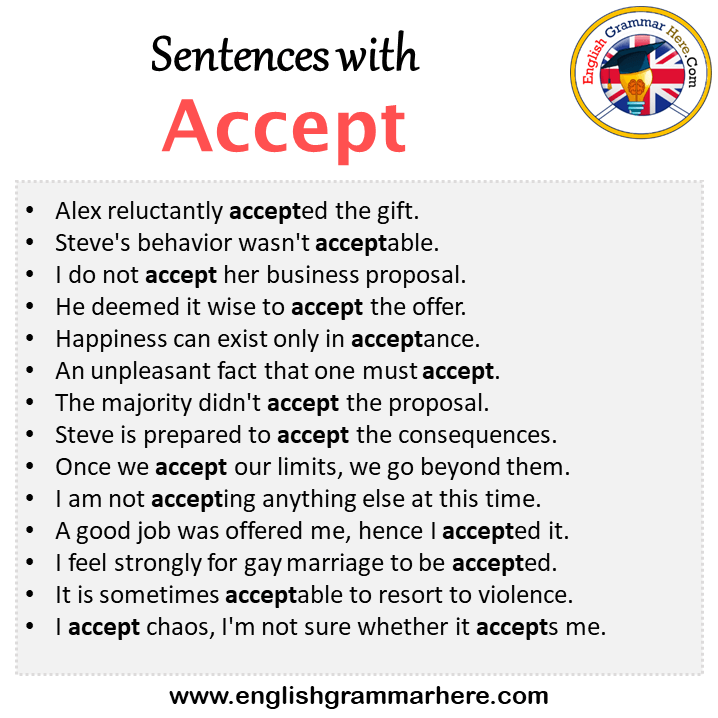 Sentences with Accept, Accept in a Sentence in English, Sentences For Accept