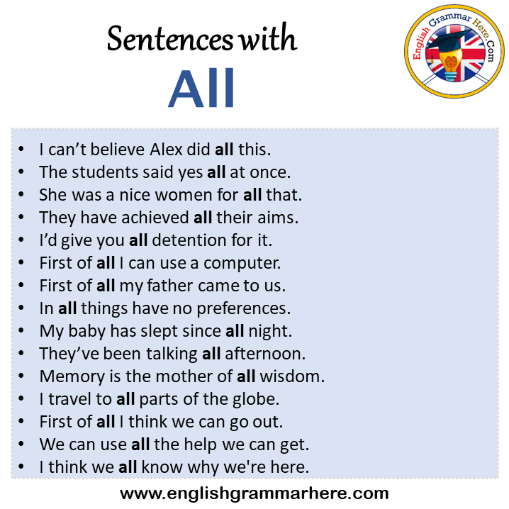 Sentences with All, All in a Sentence in English, Sentences For All