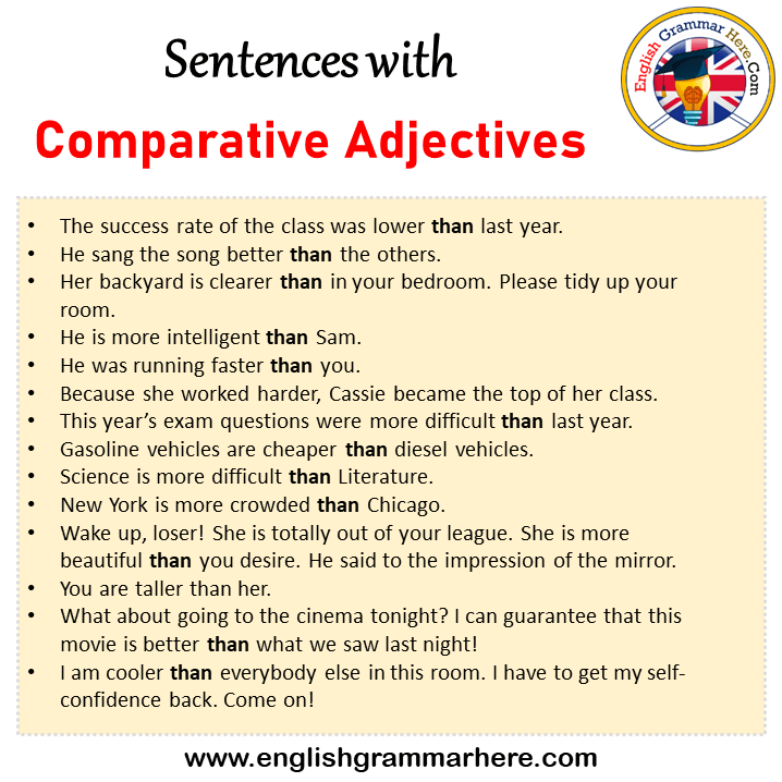 Sentences with Comparative Adjectives, Comparative Adjectives in a Sentence in English, Sentences For Comparative Adjectives