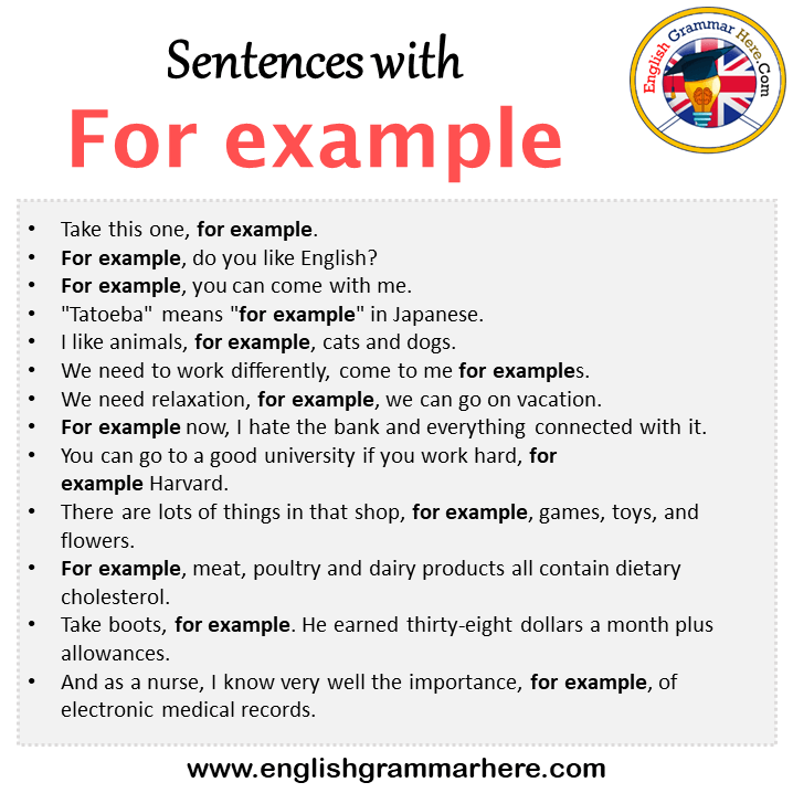 Sentences with For example, For example in a Sentence in English, Sentences For For example