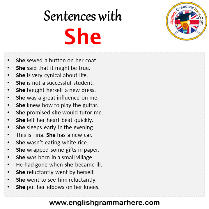 Sentences with She, She in a Sentence in English, Sentences For She