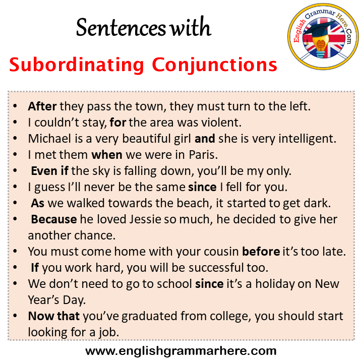 Sentences with Subordinating Conjunctions, Subordinating Conjunctions in a Sentence in English, Sentences For Subordinating Conjunctions