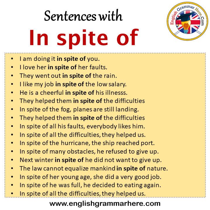 Sentences with In spite of, In spite of in a Sentence in English, Sentences For In spite of