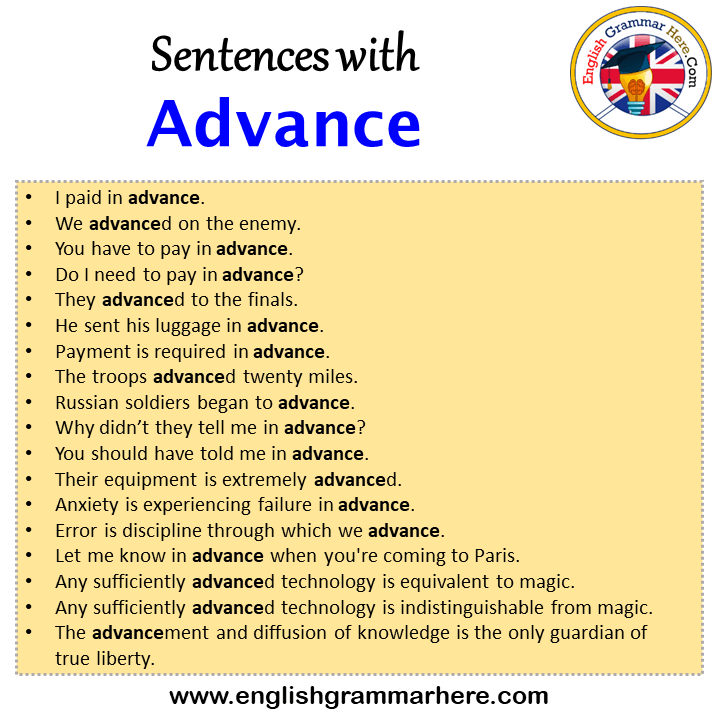 Sentences with Advance, Advance in a Sentence in English, Sentences For Advance