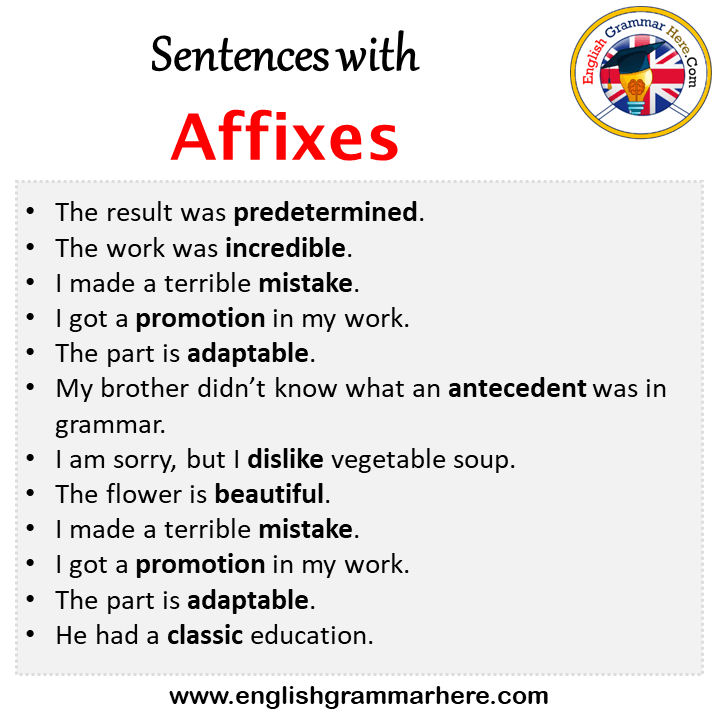 Sentences with Affixes, Affixes in a Sentence in English, Sentences For Affixes