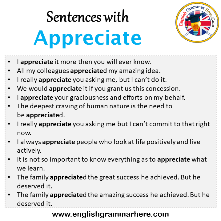 Sentences with Appreciate, Appreciate in a Sentence in English, Sentences For Appreciate