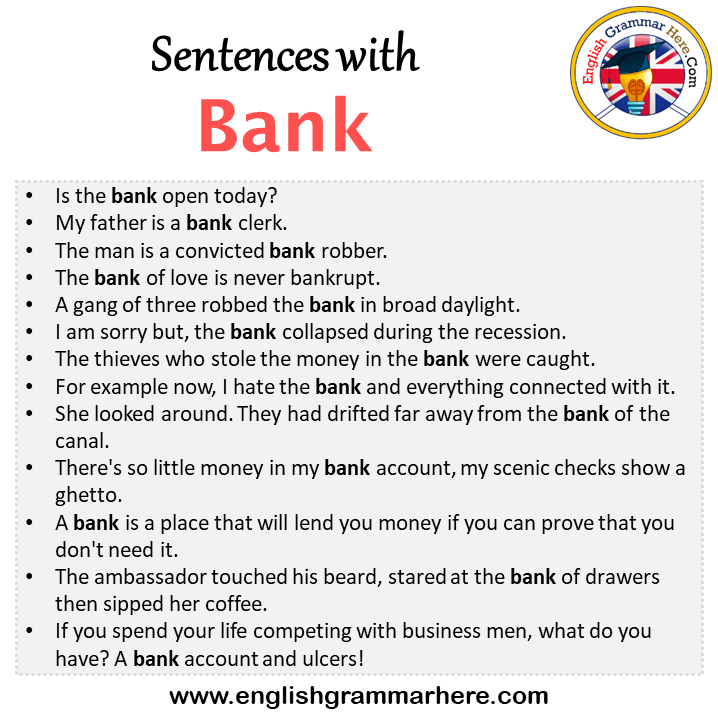 Sentences with Bank, Bank in a Sentence in English, Sentences For Bank