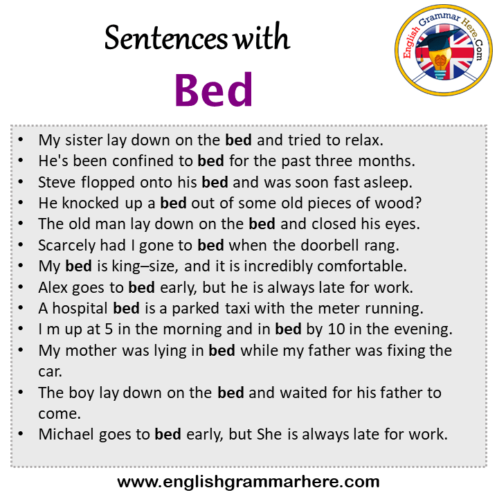 Sentences with Bed, Bed in a Sentence in English, Sentences For Bed