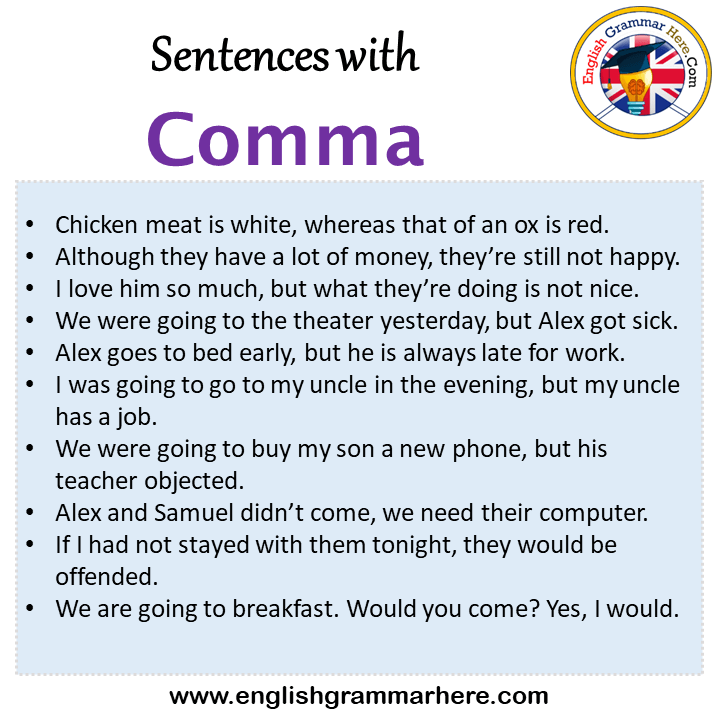 Sentences with Comma, Comma in a Sentence in English, Sentences For Comma