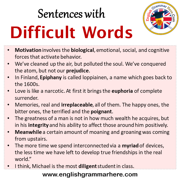 Sentences with Difficult Words, Difficult Words in a Sentence in English, Sentences For Difficult Words