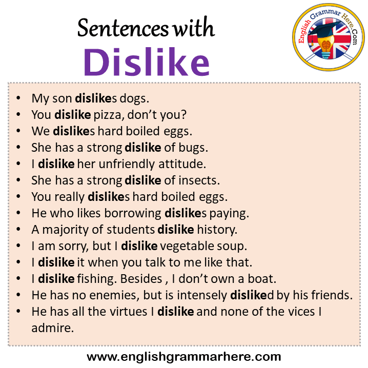 Sentences with Dislike, Dislike in a Sentence in English, Sentences For Dislike