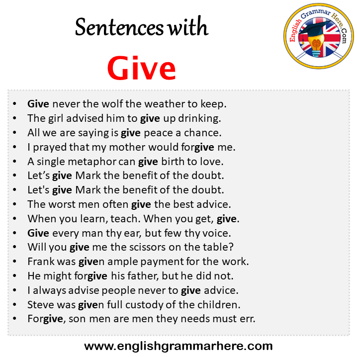 Sentences with Give, Give in a Sentence in English, Sentences For Give