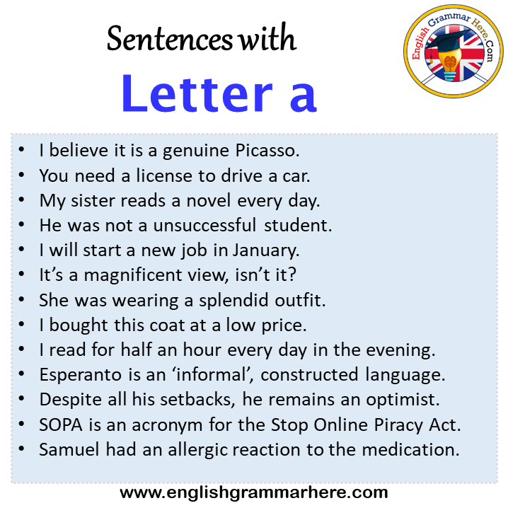 Sentences with Letter a, Letter a in a Sentence in English, Sentences For Letter a
