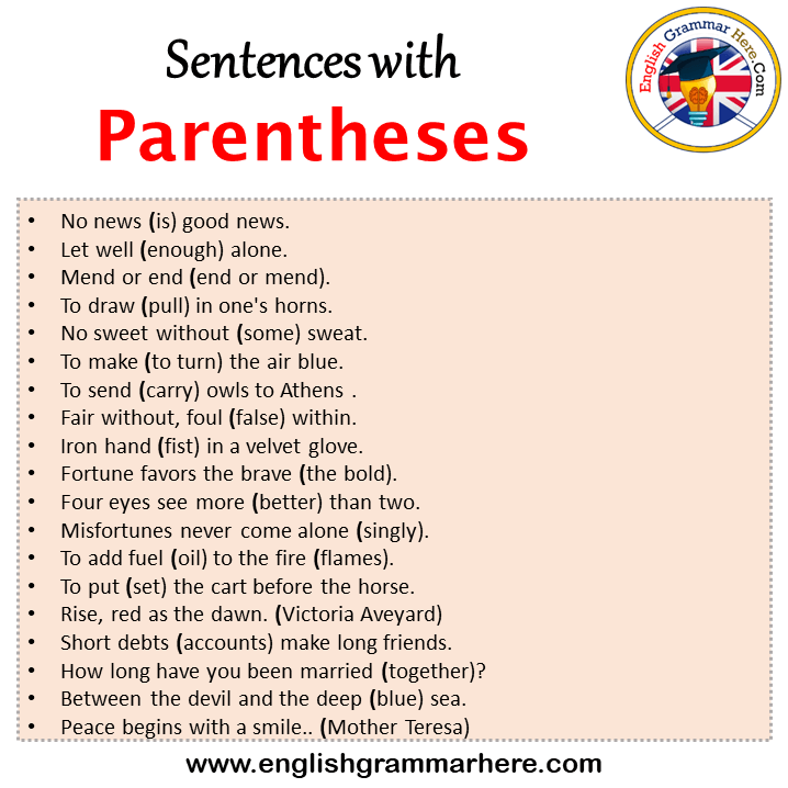 Sentences with Parentheses, Parentheses in a Sentence in English, Sentences For Parentheses